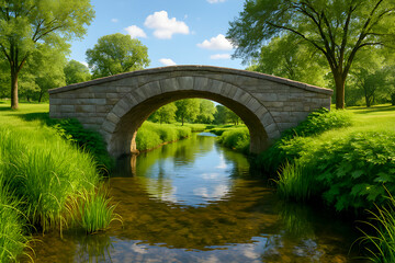A stone arch bridge crosses a clear stream surrounded by green grass and tall trees under a blue sky with white clouds on a bright sunny day in a peaceful park
