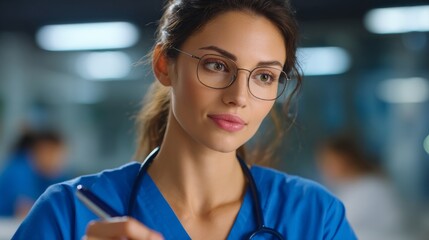 A focused medical professional, meticulously taking notes in a busy medical environment. The image emphasizes the doctor's dedication and competence. 
