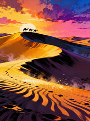 Desert travel scene, Camels cross sandy dunes, Silhouettes of camels against vibrant sunset skies