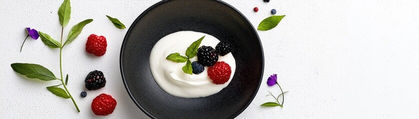 Healthy breakfast dish with yogurt and berries.