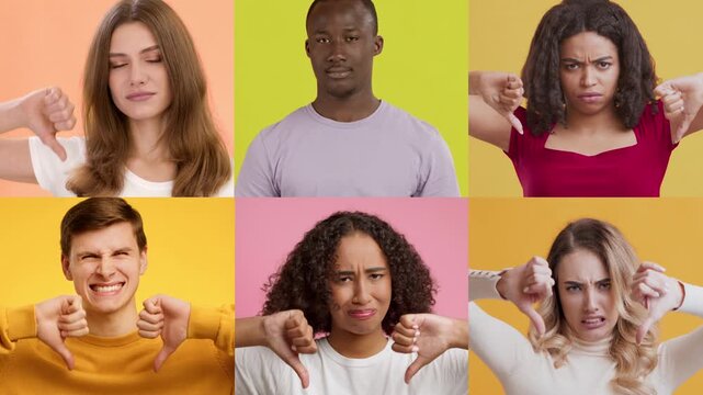 A vibrant collection features diverse individuals expressing emotions of disapproval through their facial expressions, showing thumbs down