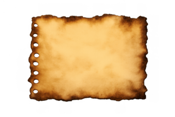 Aged parchment with burnt edges and notebook holes, old blank vintage paper texture, transparent background