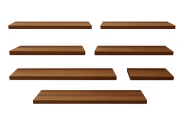 Brown wooden shelves creating realistic display and storage units on transparent background