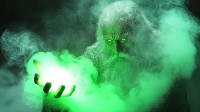 Mystical Wizard Conjuring Green Energy in a Dark Realm.