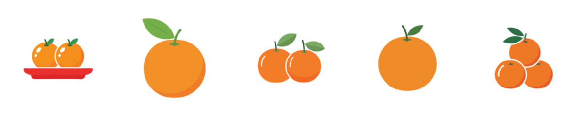 Orange Fruit Lunar New Year Prosperity Symbol Flat Vector Icon Illustration Set