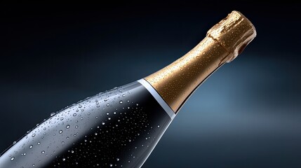 Sparkling Champagne Bottle with Droplets Captured in Elegant Light Against Dark Background for Celebrations and Special Occasions