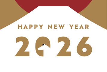 シンプルな馬で飾られた午年の2026年度版横向き年賀状テンプレート（金色）　2026 horizontal happy new year's card template decorated with a simple horse (gold)