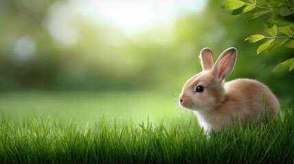 Cute small fluffy rabbit sitting in vibrant green grass under soft sunlight in idyllic natural setting with blurred background and warm atmosphere