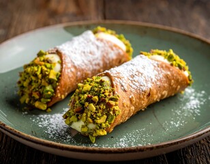 Two Italian pastries filled with cream, pistachios and dusted with powdered sugar