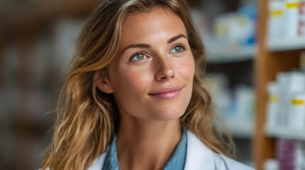 Fototapeta premium A female pharmacist smiles while looking to the side in a pharmacy. The shot is captured with a shallow depth of field, bringing the focus to her face.