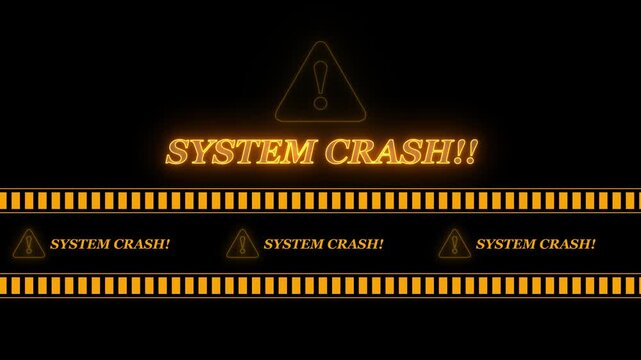 SYSTEM CRASH text icon in border frame with tape animation.Alert all program interface virus sign.privacy and protection data,glowing neon triangle sign with exclamation mark.