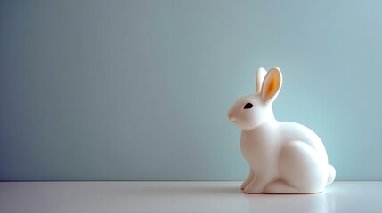 Obraz premium White Rabbit Figurine Sitting on a Clean Surface Against a Soft Blue Background, Perfect for Easter, Spring, or Minimalist Decor and Design Projects