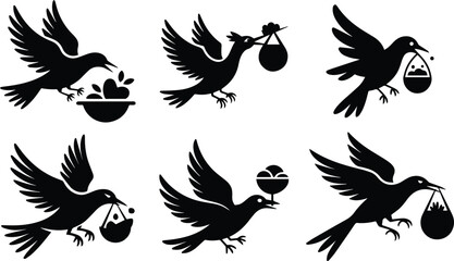 Obraz premium Group of Minimalist black bird flying while carrying food in beak silhouette vector icon