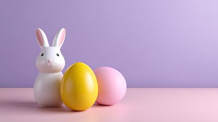 Playful pastel scene with a cute rabbit figurine and colorful eggs on a soft pink surface against a lavender background for Easter celebrations and decor