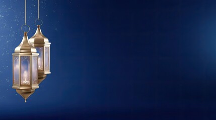 Elegant gold lanterns hanging against a deep blue background with soft illumination creating a serene and festive atmosphere for celebrations and events