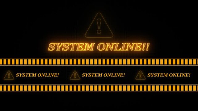 SYSTEM ONLINE text icon in border frame with tape animation.Alert all program interface virus sign.privacy and protection data,glowing neon triangle sign with exclamation mark.