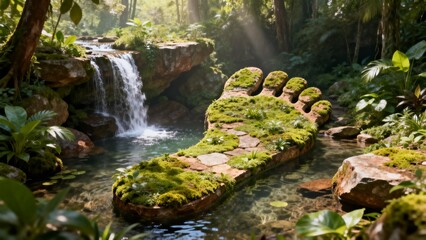 Mossy foot sculpture in jungle stream