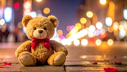 Plush teddy bear with red bow sits on a cobblestone street at night, with bokeh city lights as a backdrop