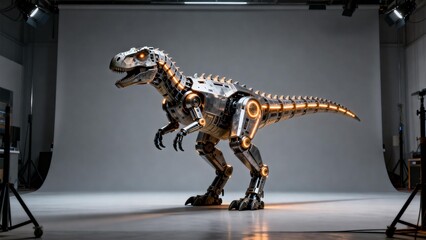 Metallic robotic dinosaur in studio