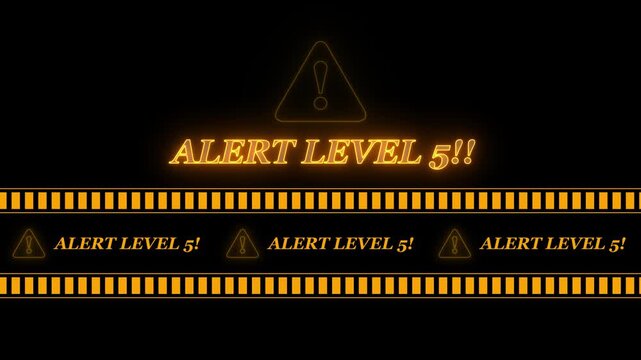 ALERT LEVEL 5 text icon in border frame with tape animation.Alert all program interface virus sign.privacy and protection data,glowing neon triangle sign with exclamation mark.