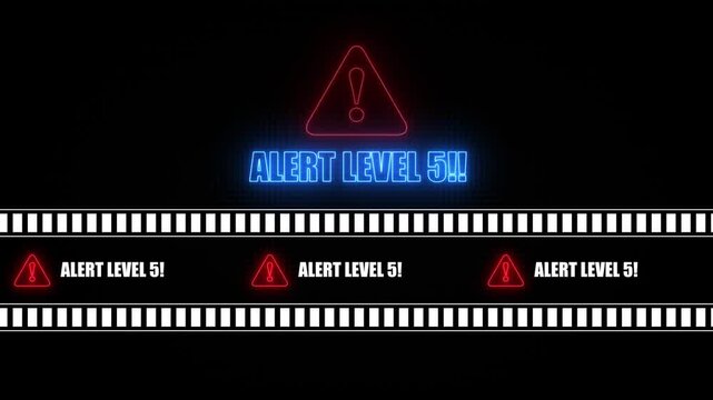 ALERT LEVEL 5 text icon in border frame with tape animation.Alert all program interface virus sign.privacy and protection data,glowing neon triangle sign with exclamation mark.