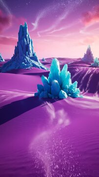 Dreamy Alien Landscape Featuring Turquoise Crystals on Purple Sand, Fantasy