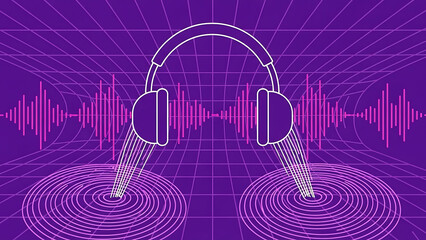 digital audio headphones with sound waves and ripples on a grid representing immersive audio for music and podcast.