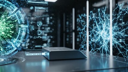 Futuristic router on a sleek surface with digital network visualizations. - Powered by Adobe