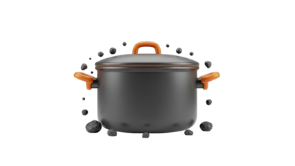 3D Rendered Black Pot with Orange Handles and Floating Pebbles