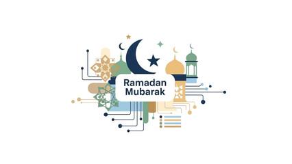 Fototapeta premium Ramadan Mubarak celebration takes place at a mosque with crescent moon and stars shining brightly