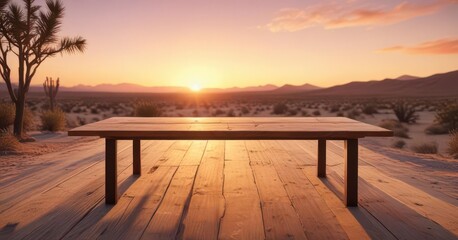 Minimalist wood table in a desert setting with warm sunset colors, ,  minimalist design