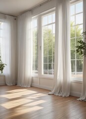 Fototapeta premium Peaceful retreat with white walls, wooden floors, and large windows draped in sheer curtains creating a calming ambiance , calming, relaxation