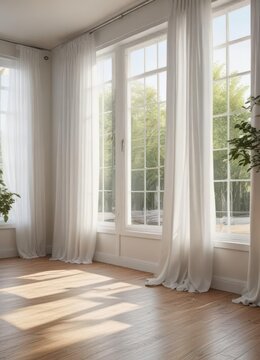 Peaceful retreat with white walls, wooden floors, and large windows draped in sheer curtains creating a calming ambiance , calming,  relaxation