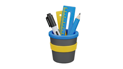 3D Rendered Pencil Holder with Ruler, Pencil, and Marker