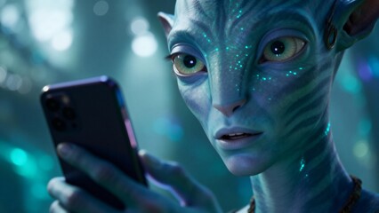 Alien with glowing features using smartphone