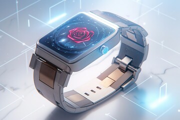 A stylish, high-tech wristwatch displays an elegant red rose hologram, set on a pure white marble surface, where it presents sharp lines and a shallow depth-of-field effect under studio lighting.