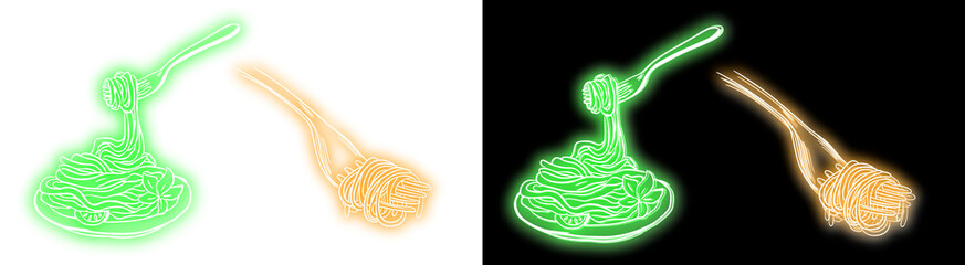 Neon glow spaghetti icons with forks serve Italian cuisine on transparent background