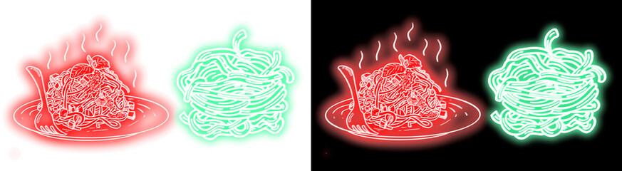 Four glowing neon pasta dishes in vibrant red and green light on transparent background