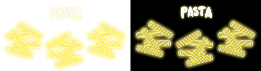 Bright neon yellow illustration of dry rigatoni pasta pieces on transparent background