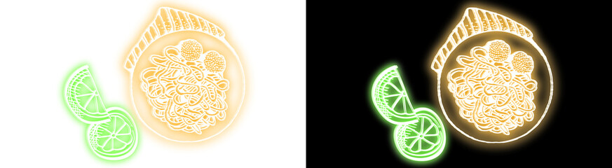 Glowing neon style spaghetti and meatballs illustration with lime slices on transparent background