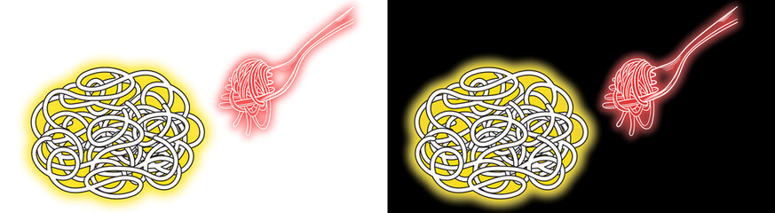 Messy tangled spaghetti noodles being eaten with a glowing fork on transparent background