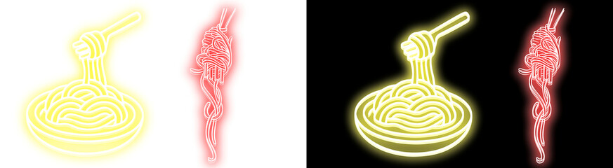 Neon spaghetti bowl and twirling fork icons glowing brightly on transparent background