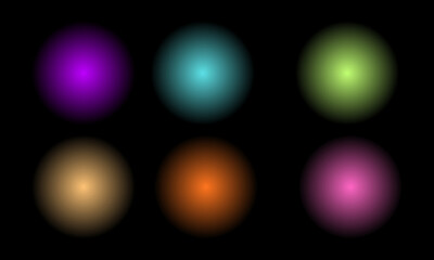 Six vibrant glowing orbs creating a colorful abstract pattern on transparent background