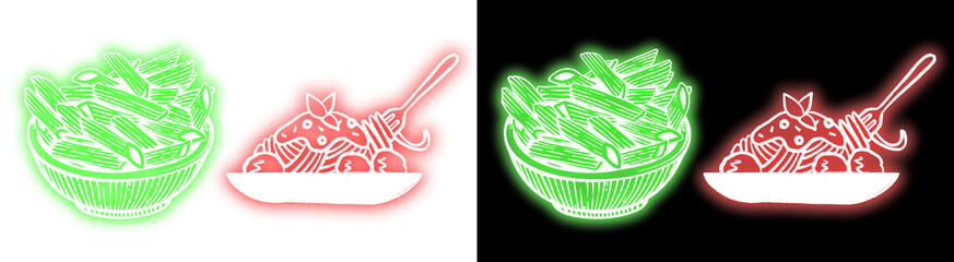 Neon glow icons featuring penne pasta and spaghetti with meatballs on transparent background