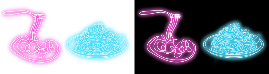 Vibrant neon spaghetti icons illuminated in pink and cyan light on transparent background