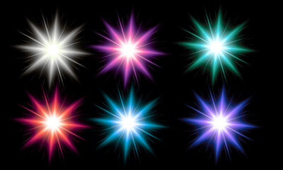 Collection of vibrant starburst lens flare effects on transparent background