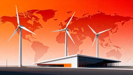 Wind turbines and modern building against world map