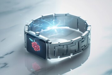 A stylish, high-tech wristwatch displays an elegant red rose hologram, set on a pure white marble surface, where it presents sharp lines and a shallow depth-of-field effect under studio lighting.