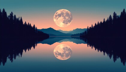 Full Moon Over Reflective Lake and Forest Landscape at Dusk.