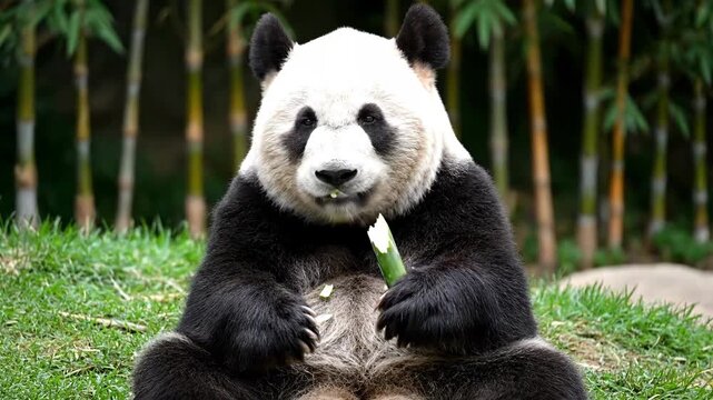 panda eating bamboo in grassy enclosure, relaxed animal portrait
